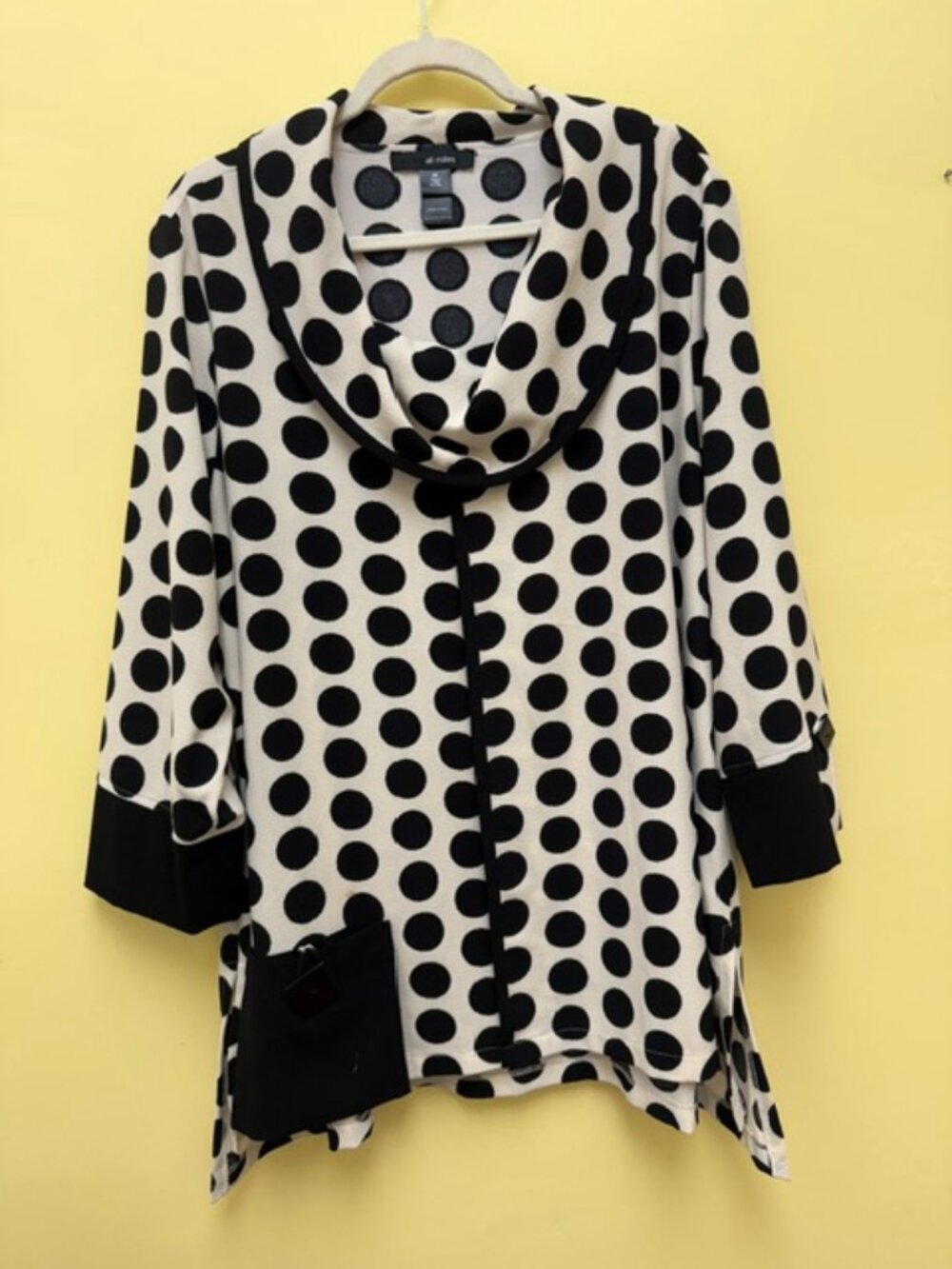 Ali Miles Women's 2X Jacquard Knit Black & White Polka Dot Cowl Neck Tunic